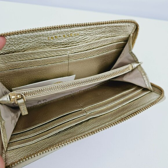 Tory Burch Wallet Thea Metallic Gold Continental Zip Around Medium Leather Logo - Picture 9 of 13